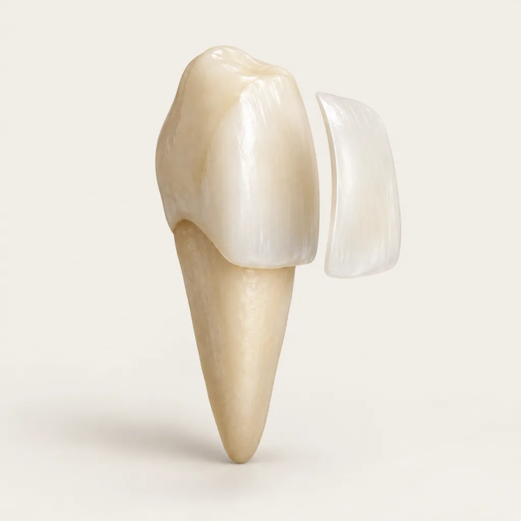 Educational illustration of a thin veneer beside a natural tooth