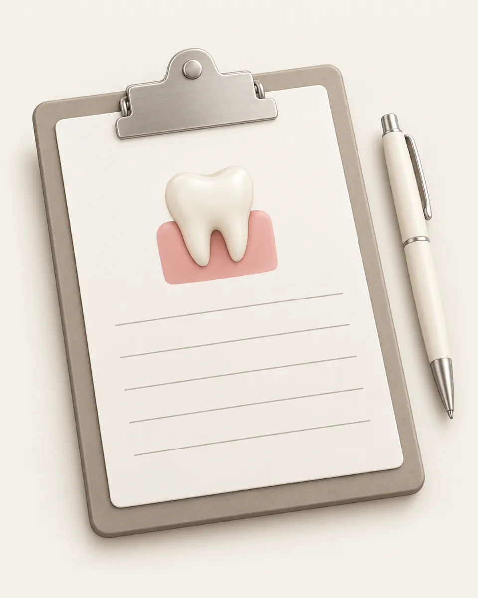 Illustration: a clipboard holding a treatment plan sheet with a small tooth diagram and a few blank lines, a pen resting beside it
