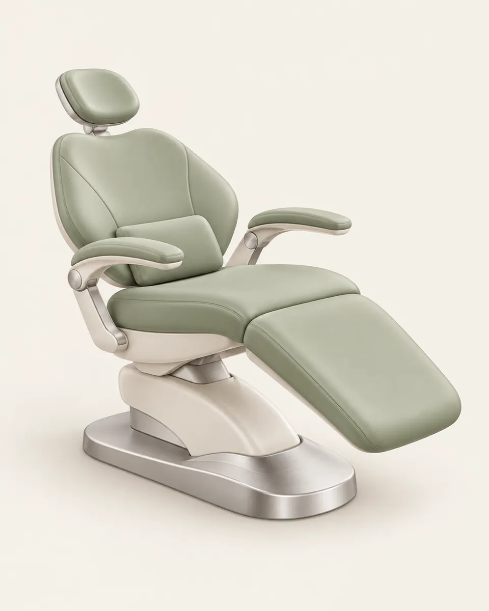 Illustration: a modern dental chair in soft sage upholstery with a small cushion, seen from the side, calm and uncluttered