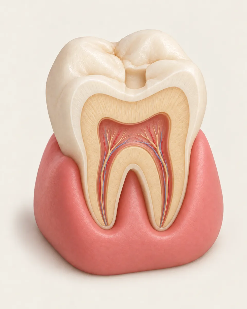 Illustration: cutaway of a molar with a clean, prepared cavity and no decay