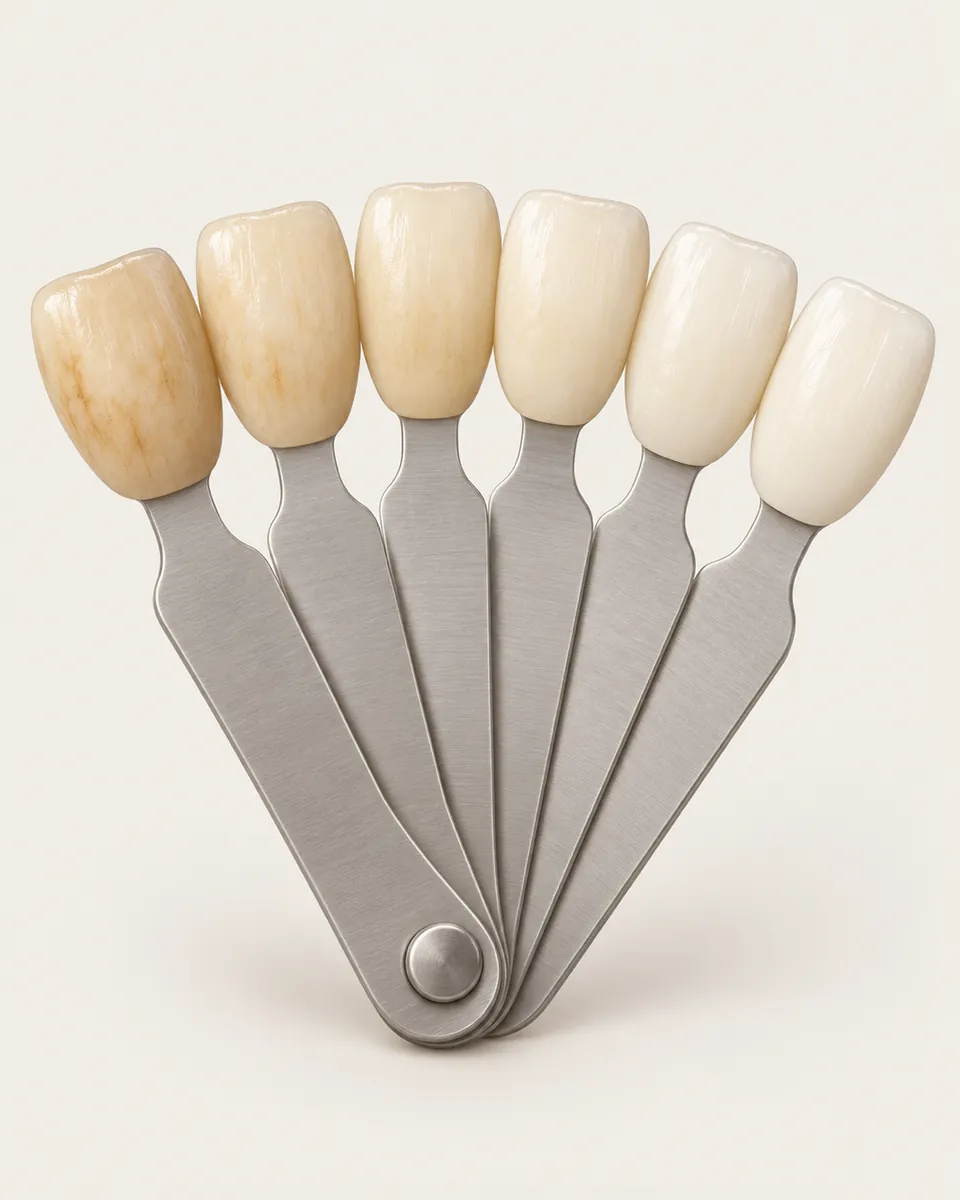 Illustration: fan of dental shade guide tabs from darker to lighter