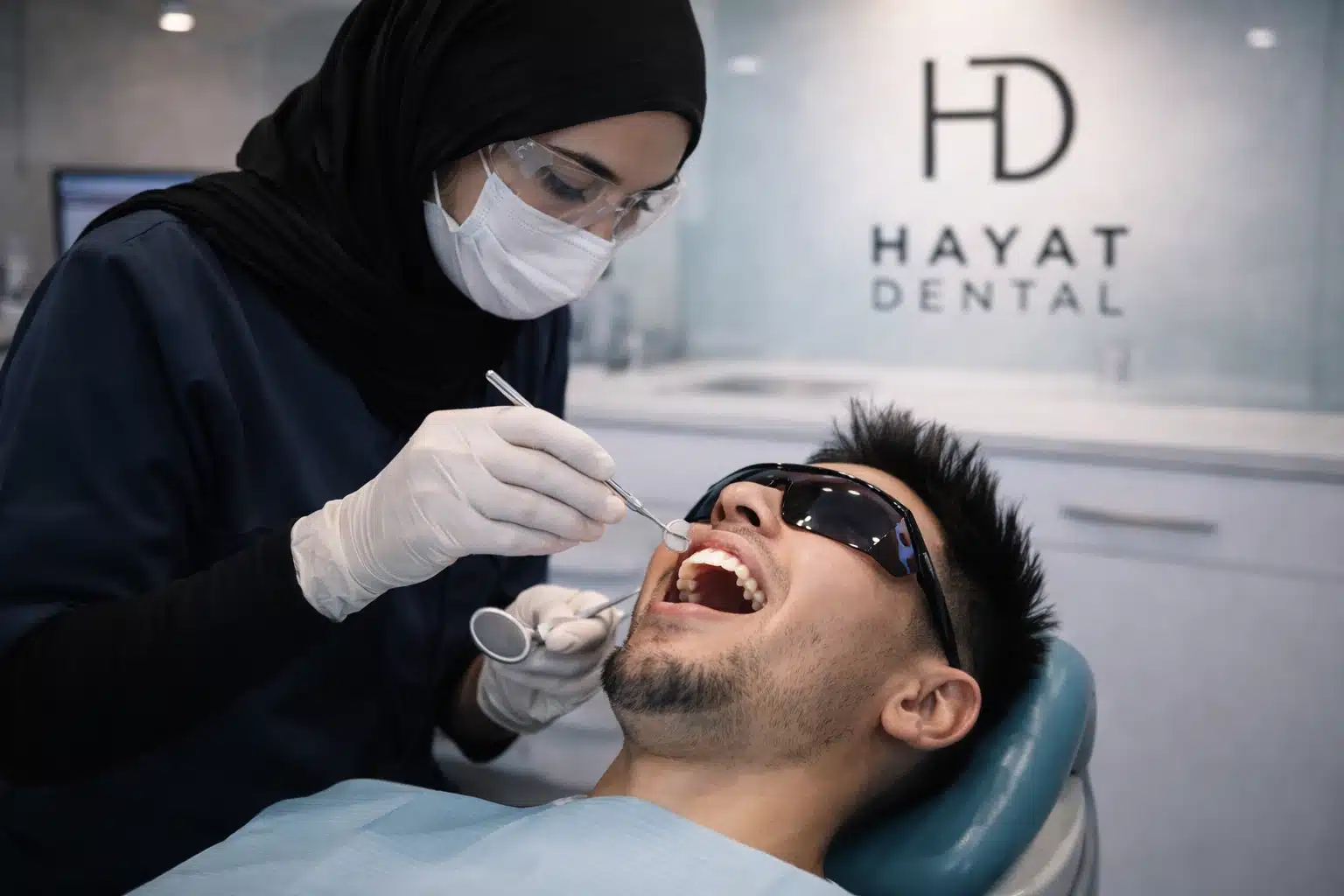 Dental check-up in clinic setting.