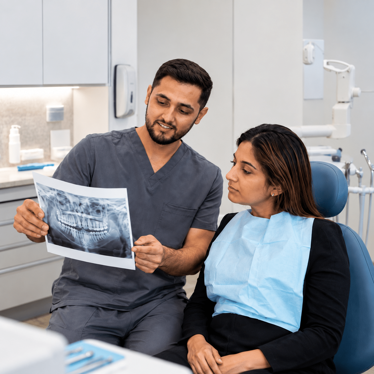 Dentist explaining a treatment plan to a patient using an X-ray