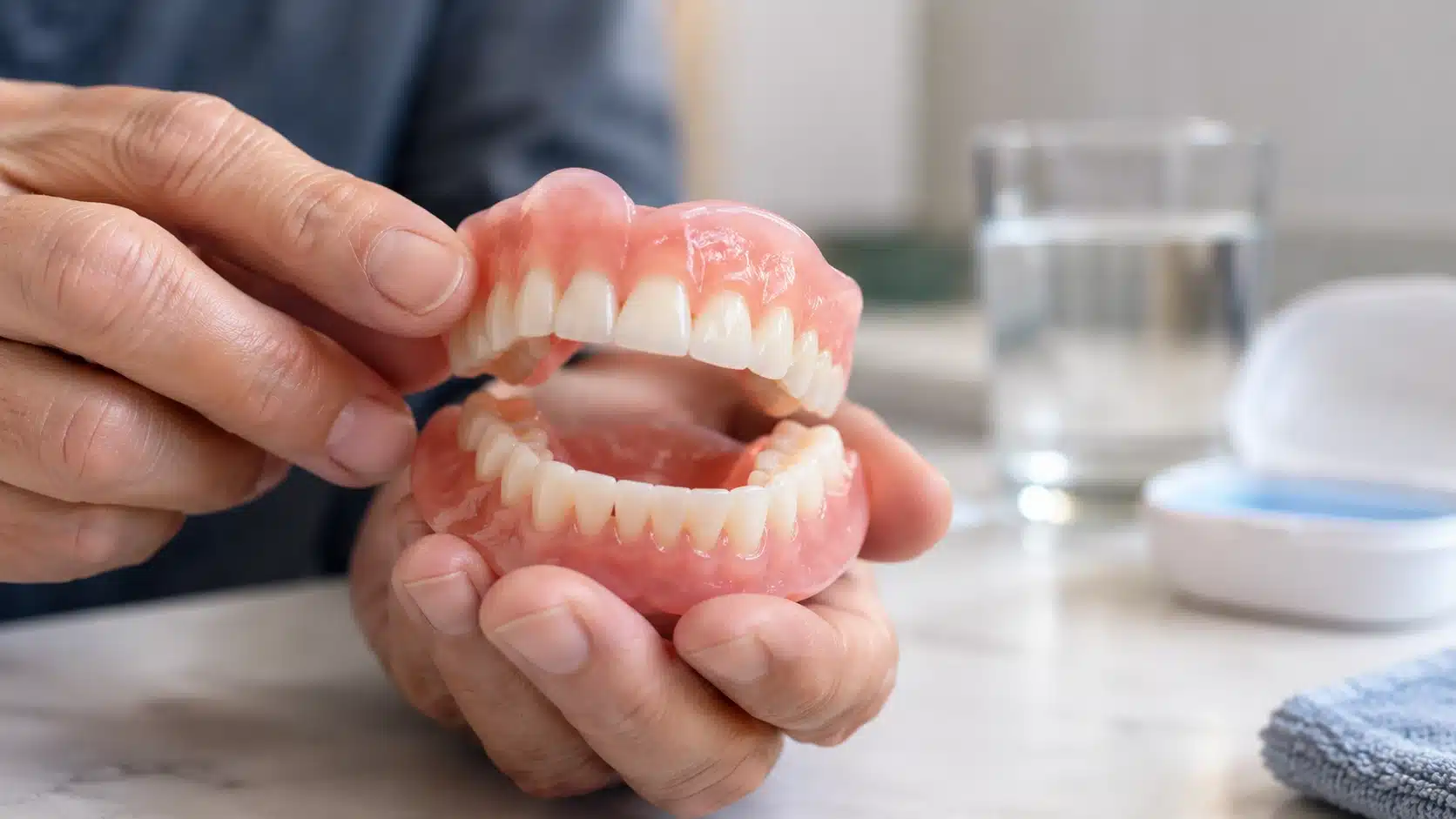 Hands holding a full set of dentures