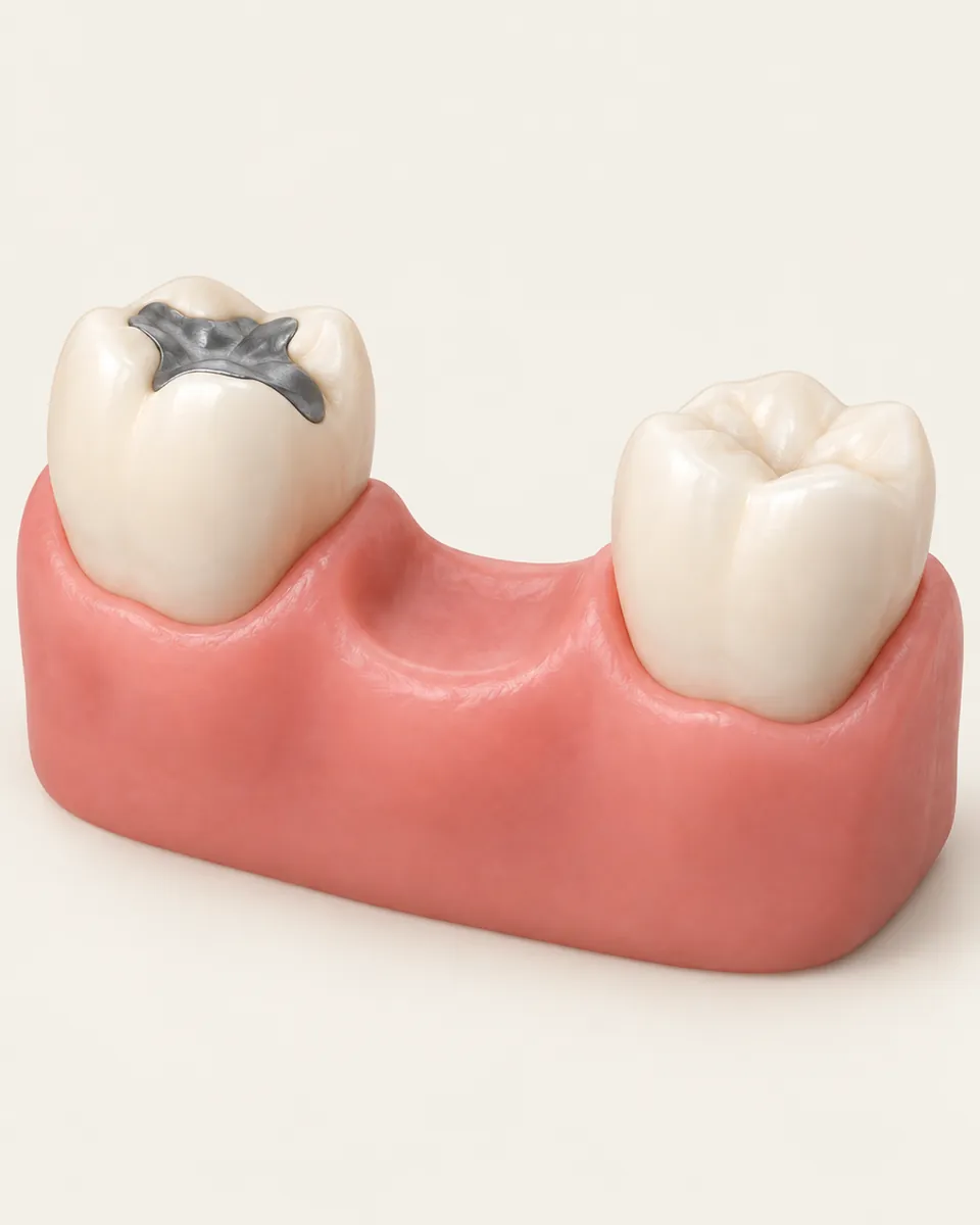 Illustration: tooth with a large old filling next to a gap