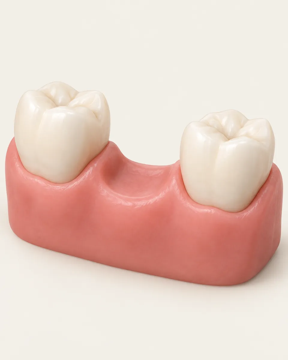 Illustration: row of three lower teeth with the middle tooth missing, gum visible in the gap