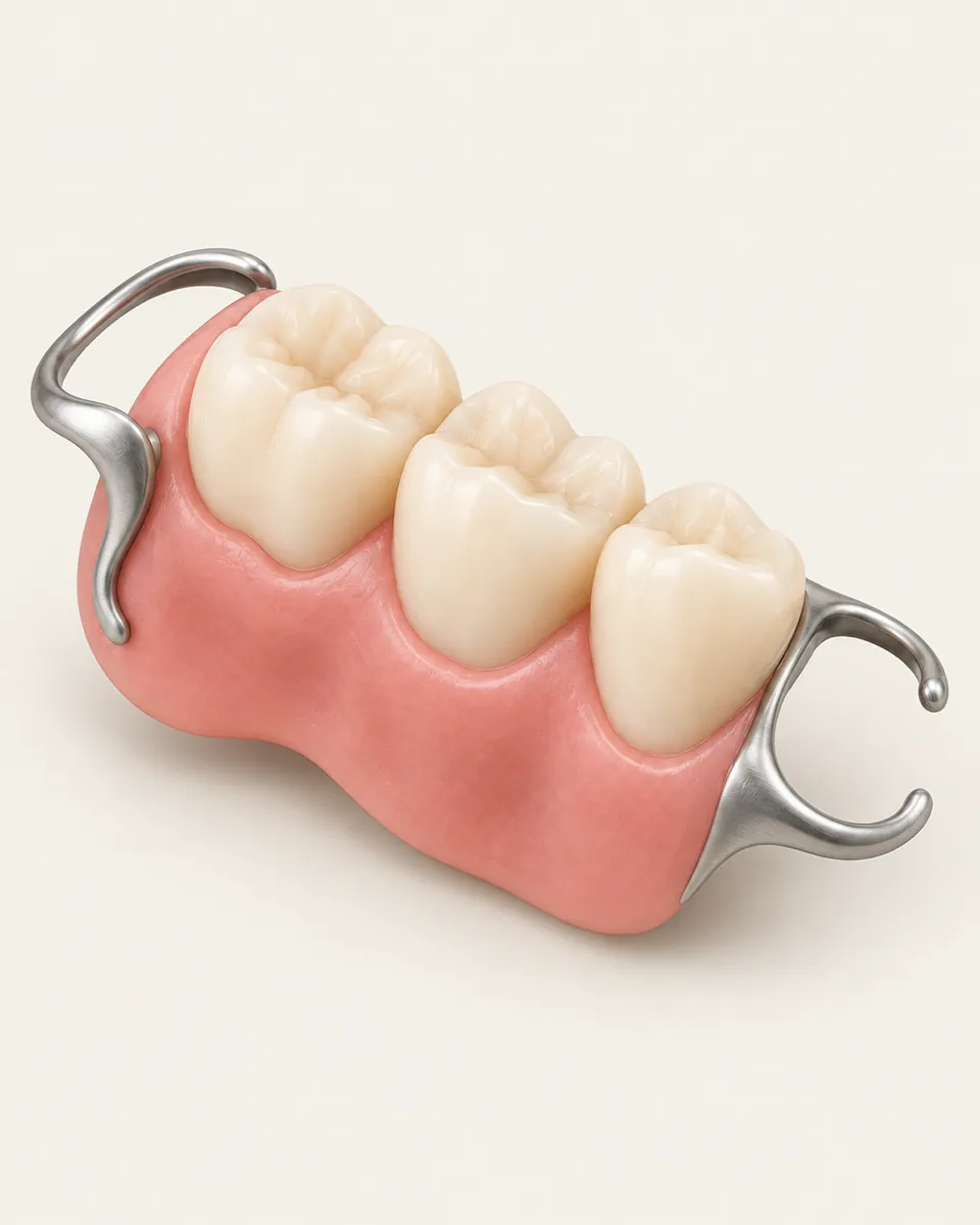 Illustration: partial denture with metal clasps and three replacement teeth