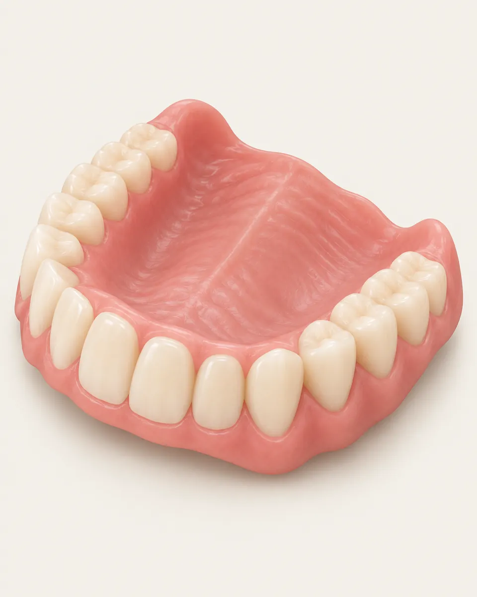 Illustration: full upper denture seen from a three-quarter angle