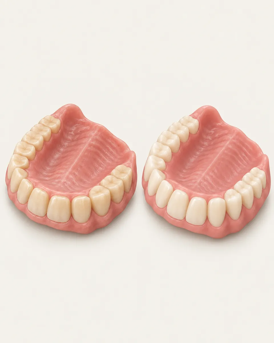 Illustration: worn older denture beside a new one