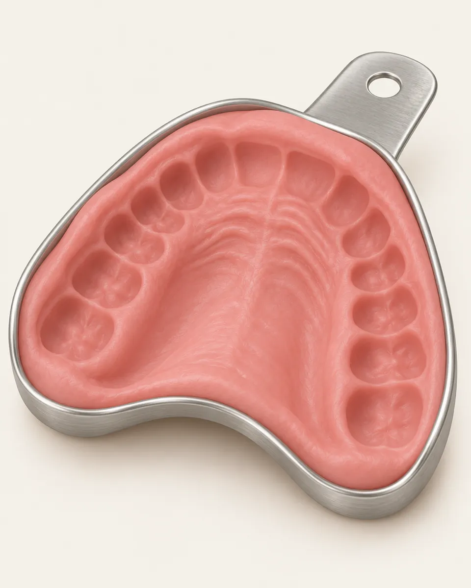 Illustration: dental impression tray filled with pink impression material, shape of an upper arch