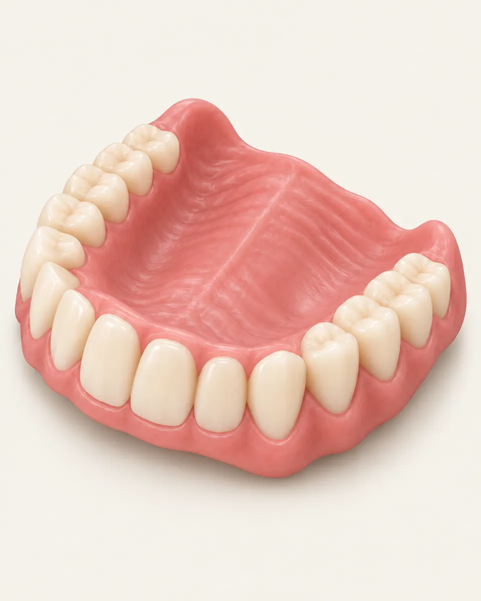 Illustration: trial denture in pink wax with teeth set, on a plain surface