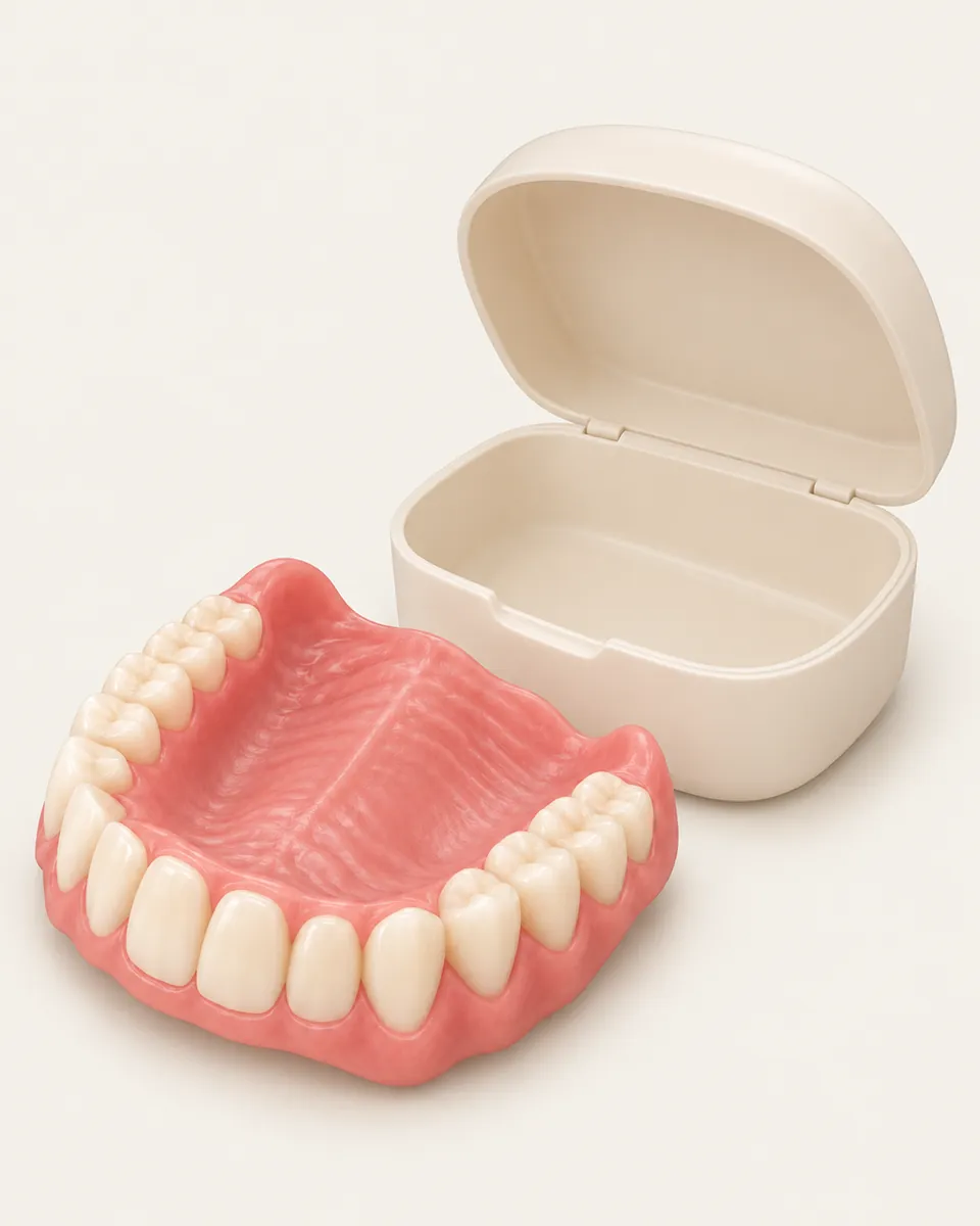 Illustration: finished full upper denture beside an open denture case