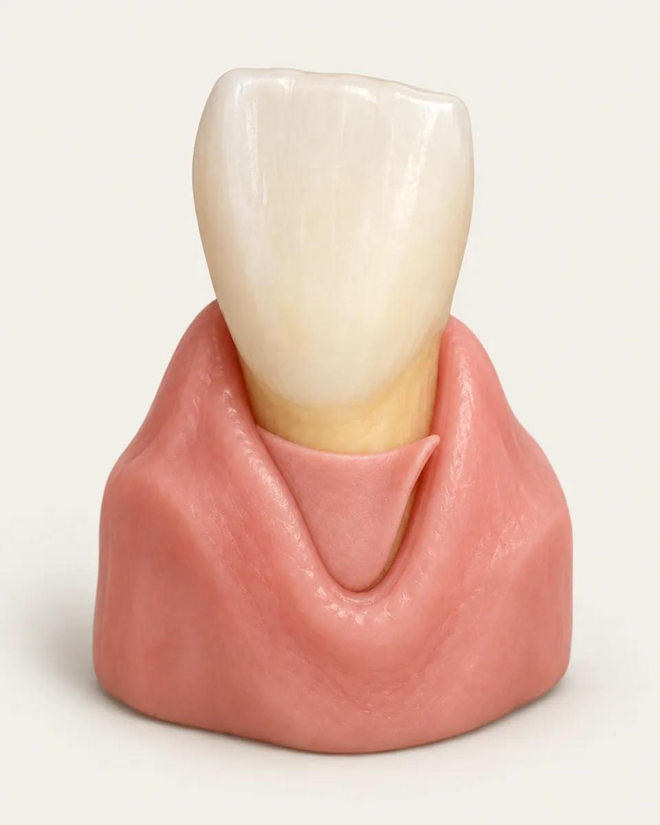 Illustration: single tooth with a small piece of pink gum tissue being placed at the gumline to cover an exposed root