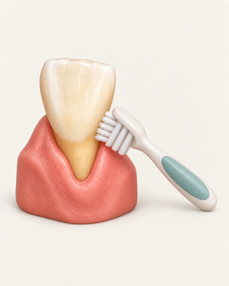 Illustration: toothbrush with splayed hard bristles pressed against a tooth at the gumline