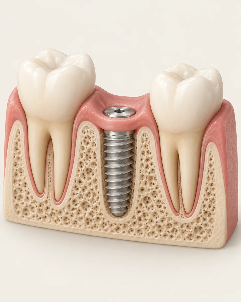 Illustration: cutaway of gum and jawbone with a single threaded implant post in place, gap above it