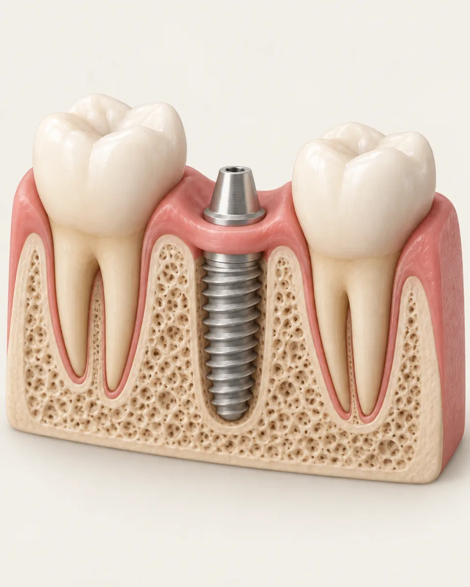 Illustration: cutaway of jawbone with implant post and a small abutment connector attached, gum healed around it