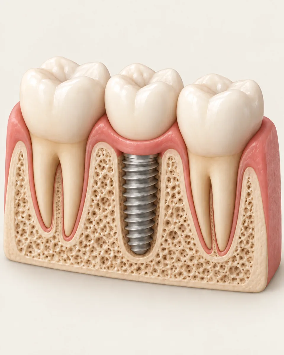Illustration: implant with ceramic crown fitted, standing between two natural teeth, cutaway of gum and bone