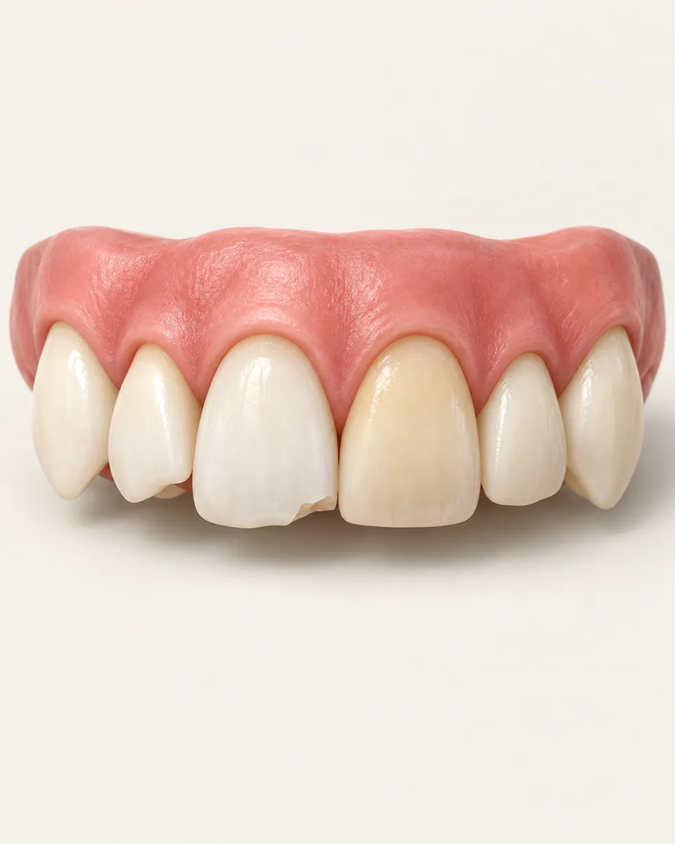 Illustration: row of front teeth with uneven shade, a chip and slight crowding