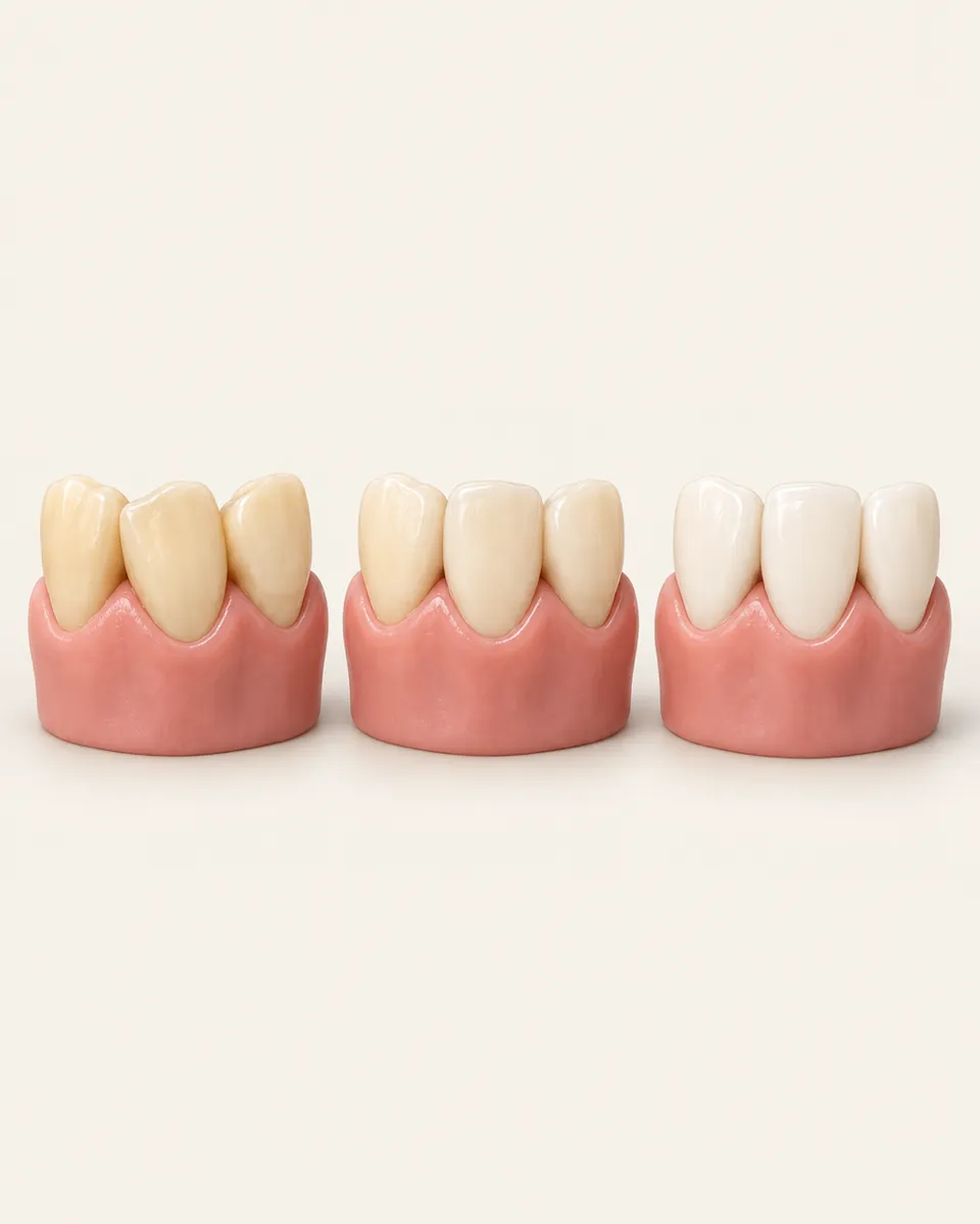 Illustration: three small tooth models in a row, each a step lighter and straighter