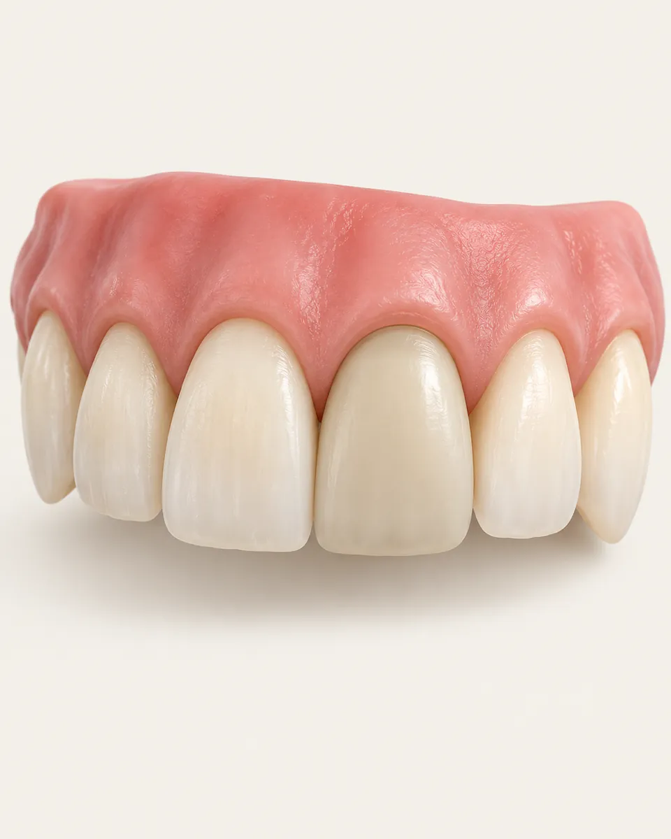 Illustration: front tooth with an older crown slightly darker than neighbours